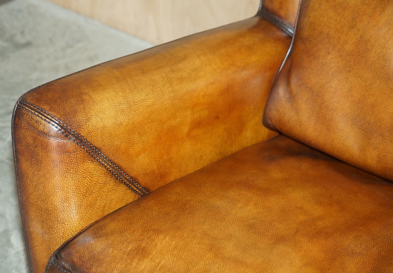 photo furniture Pair Of Restored Baxter Berger Hand Dyed Cigar Brown Leather Love Seat Armchairs