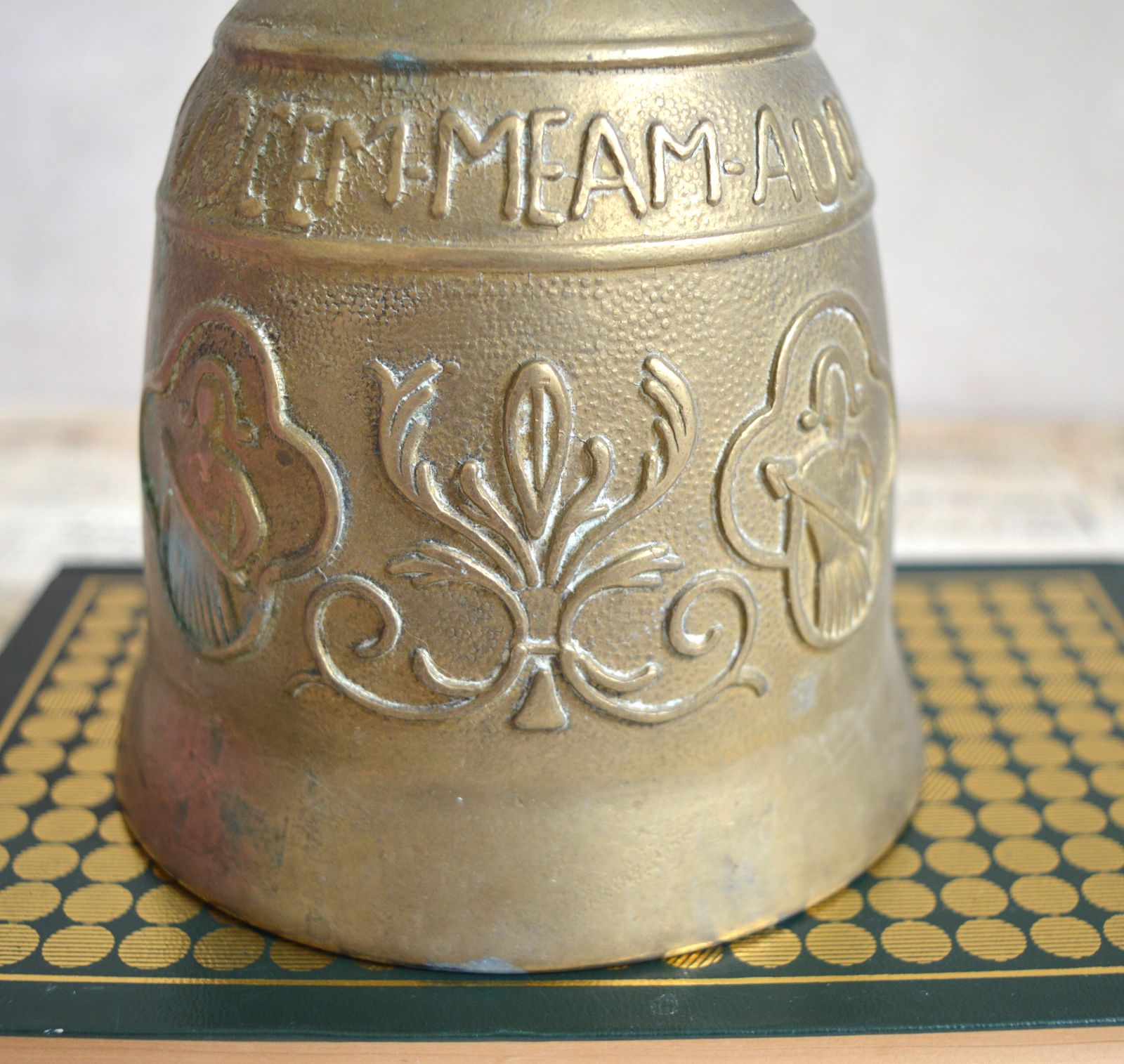 French Antique Solid Heavy Embossed Brass Bell, Bearing The Latin Motto " Qui Me Tangit Vocem Meam Audi '' photo for sale