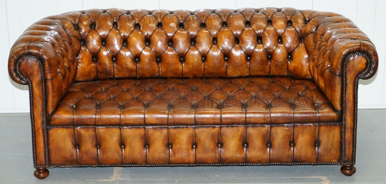 Rare Circa 1900 Hand Dyed Fully Restored Whisky Brown Leather Chesterfield Sofa photo furniture