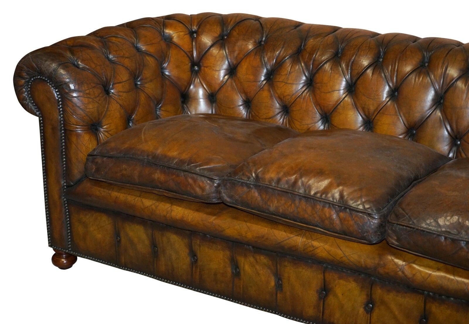 1950's Hand Dyed Restored Cigar Brown Leather Chesterfield Club Sofa English photo for sale