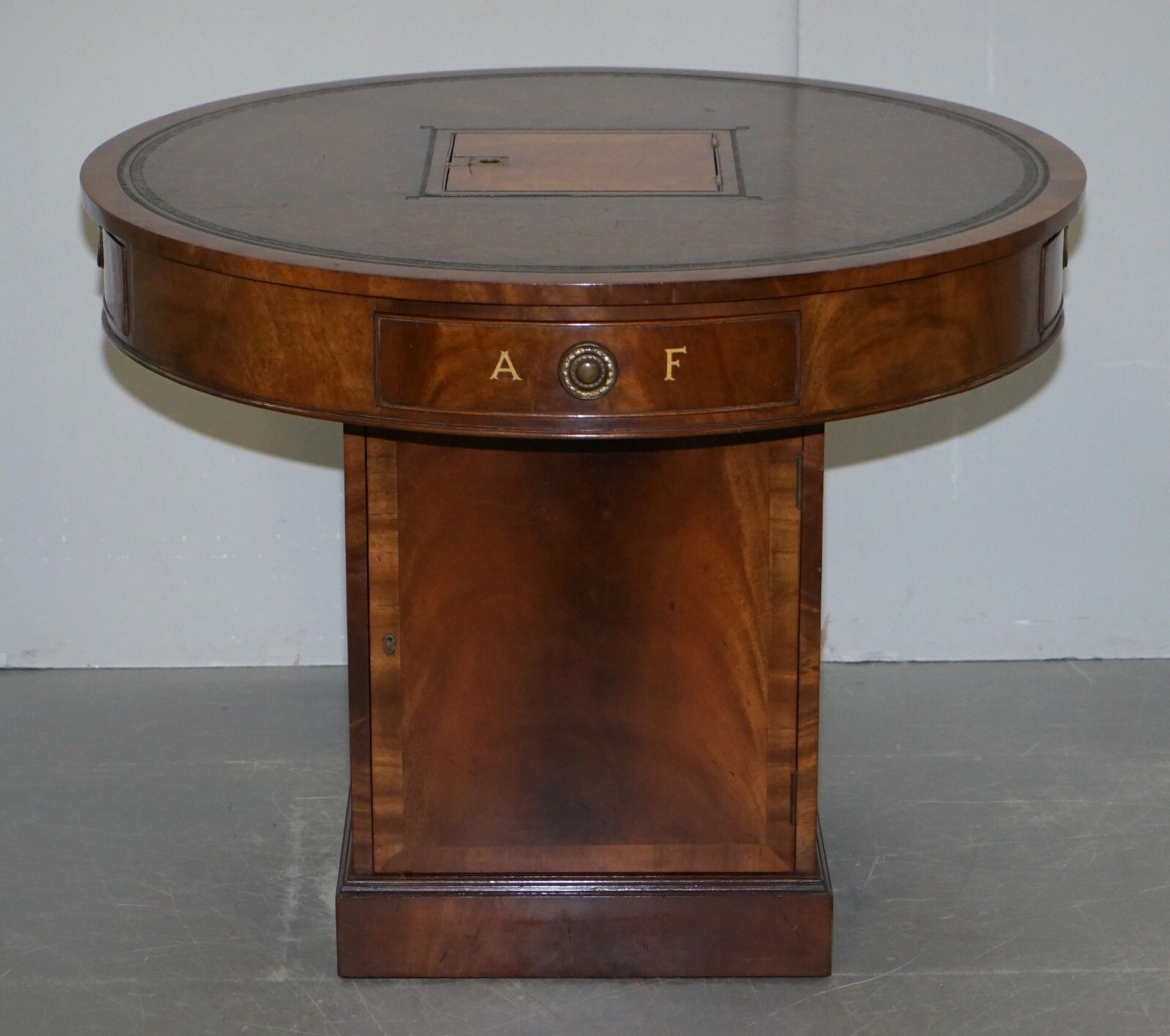 Antique Victorian Flamed Mahogany Revolving Rent Drum Table Brown Leather Top photo furniture