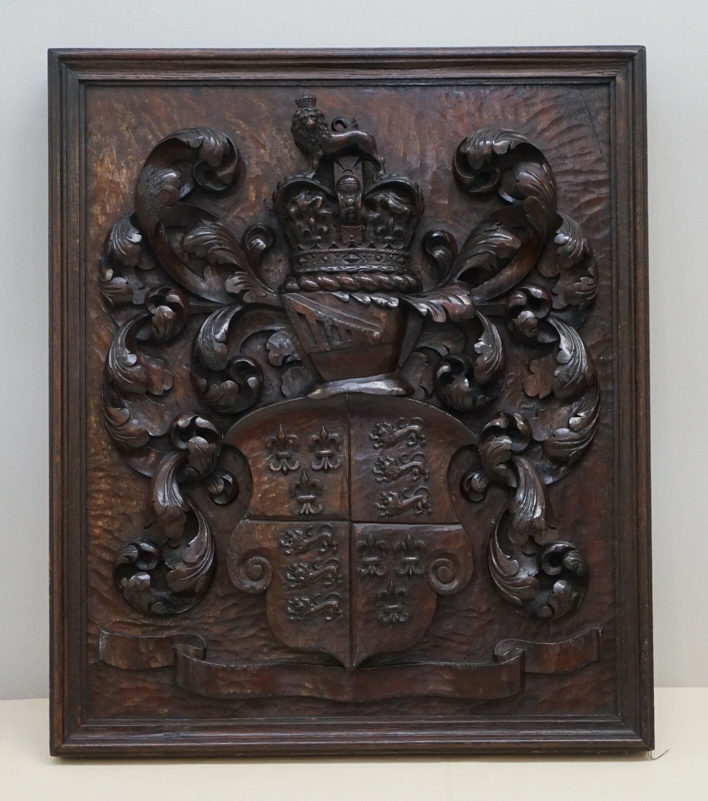Rare Antique 1405 1603 English Royal Coat Of Arms Armorial Crest Carved Walnut photo furniture