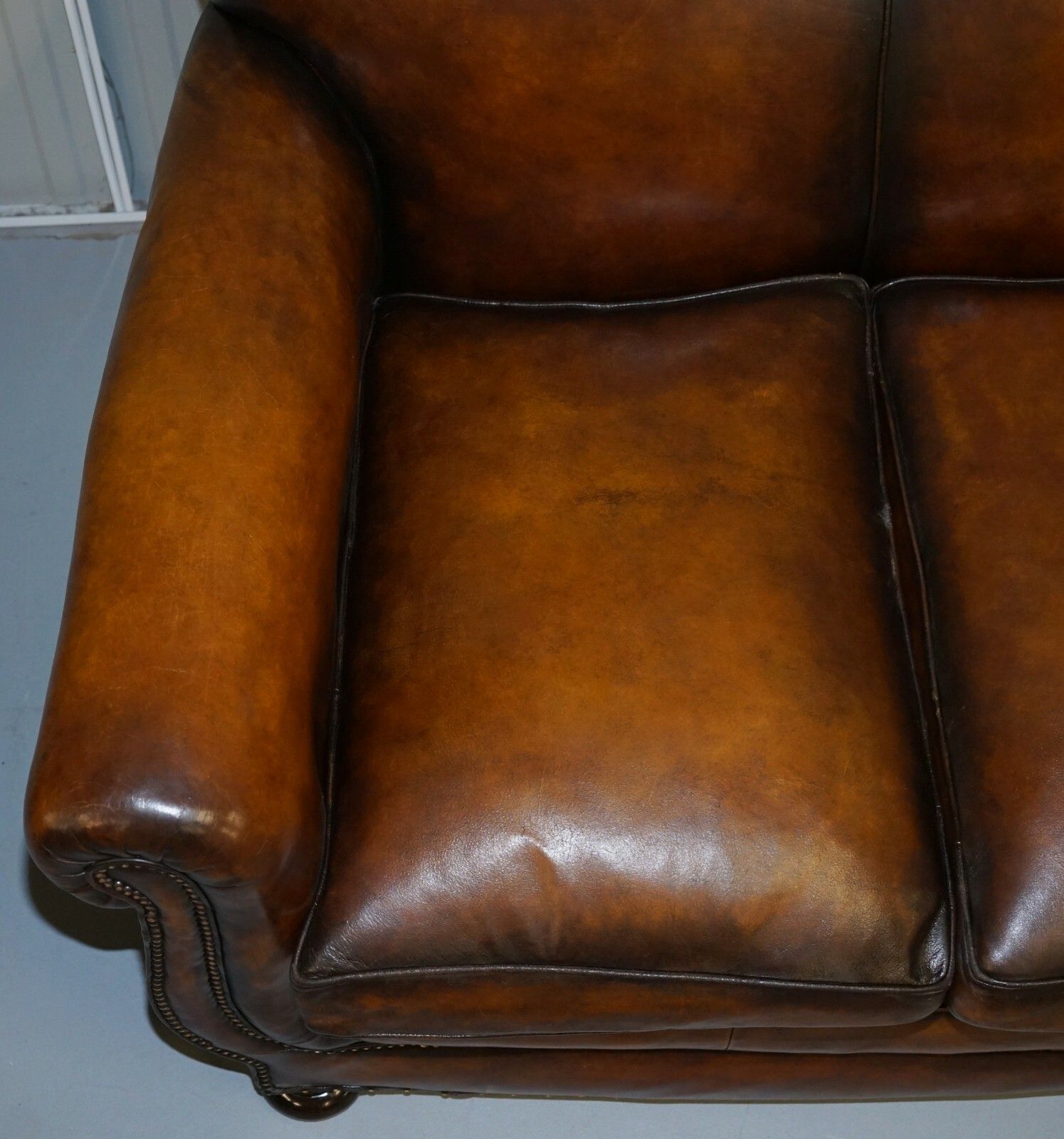 Very Rare Fully Restored Gentleman's Club Moustache Back Brown Leather Sofa photo vinterior