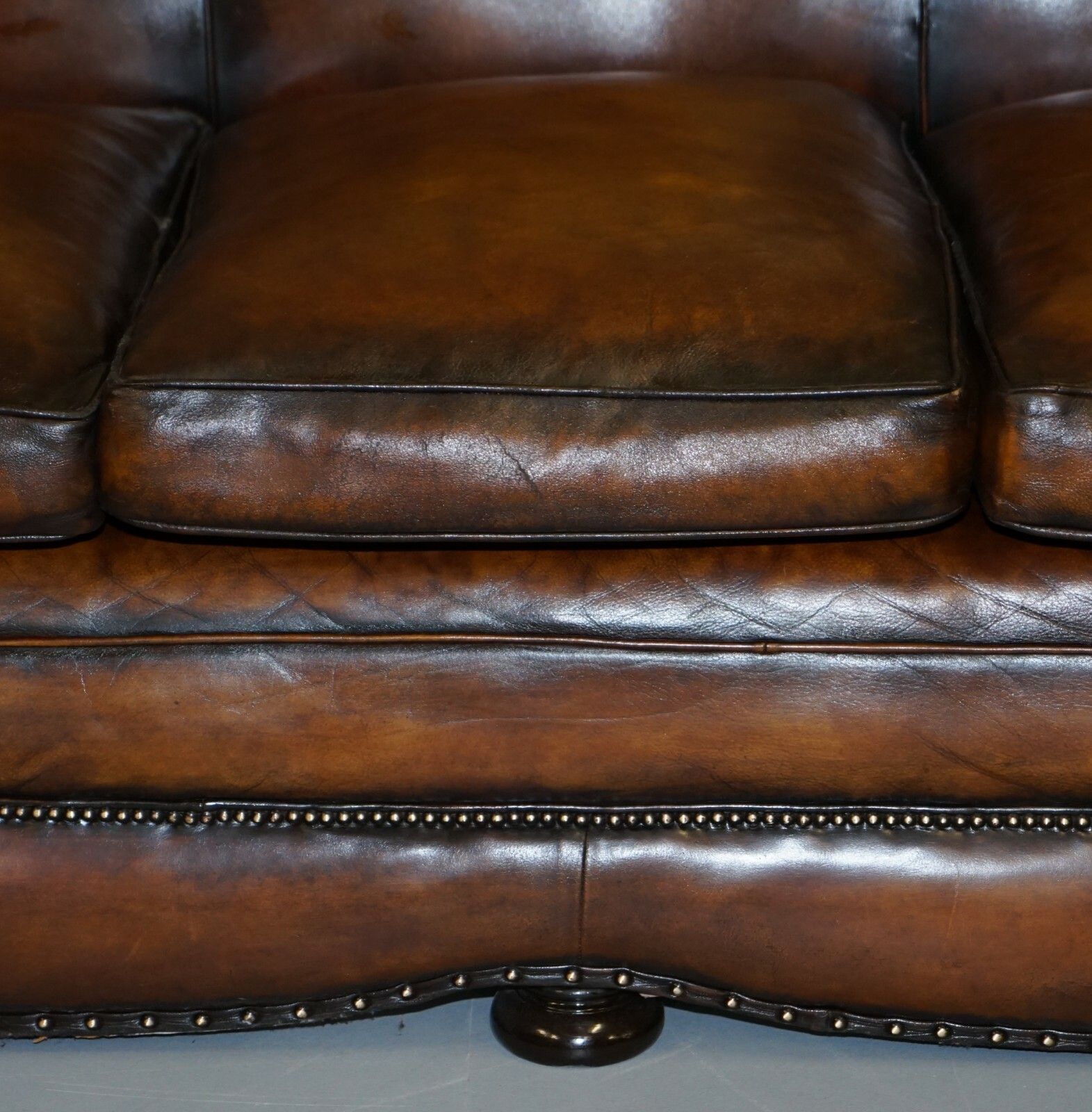 Very Rare Fully Restored Gentleman's Club Moustache Back Brown Leather Sofa photo vintage