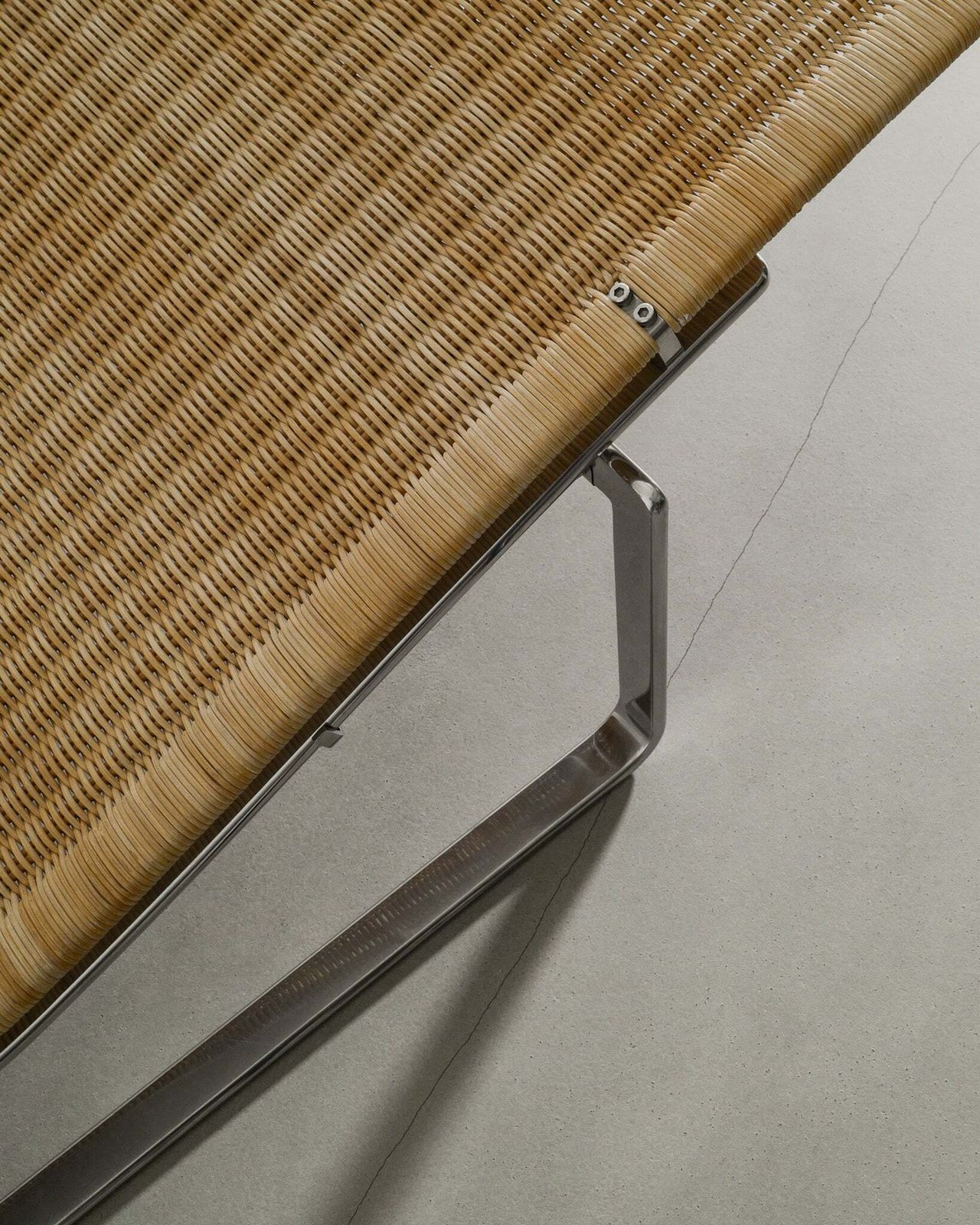 Danish Mid Century Sculptural Chaise Lounge "Pk24" Chair In Rattan, Steel & Leather By Poul Kjærholm For E. Kold Christensen Denmark, 1960s photo vinterior