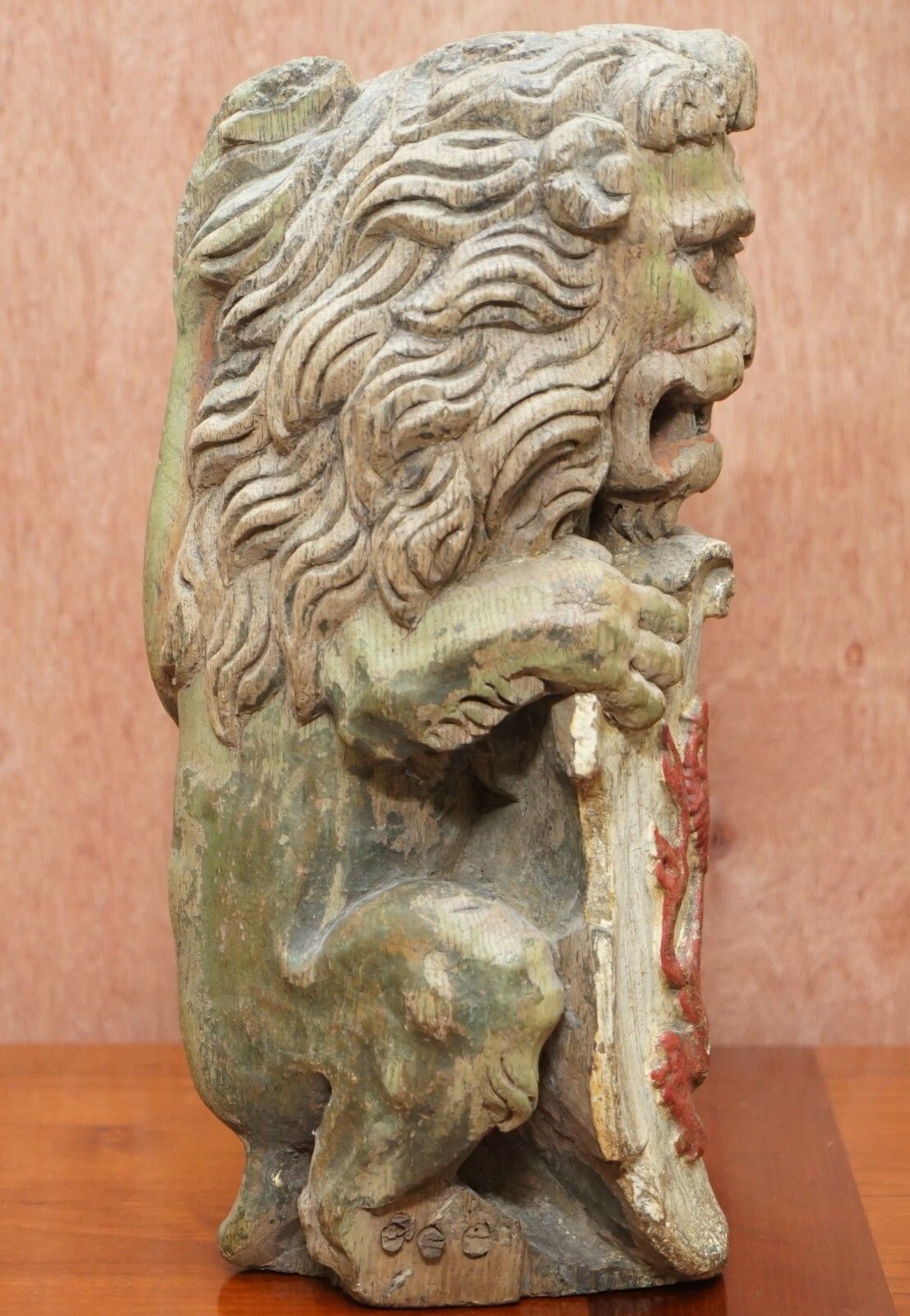 Pair Of 1615 English Polychrome Painted Heraldic Lion Newel Banisters Finials photo buy