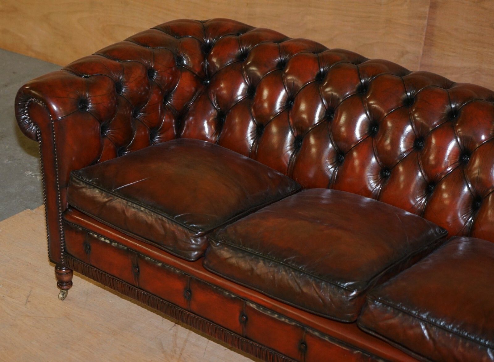 Restored Vintage Oxblood Bordeaux Leather Chesterfield Club Sofa On Turned Legs photo for sale