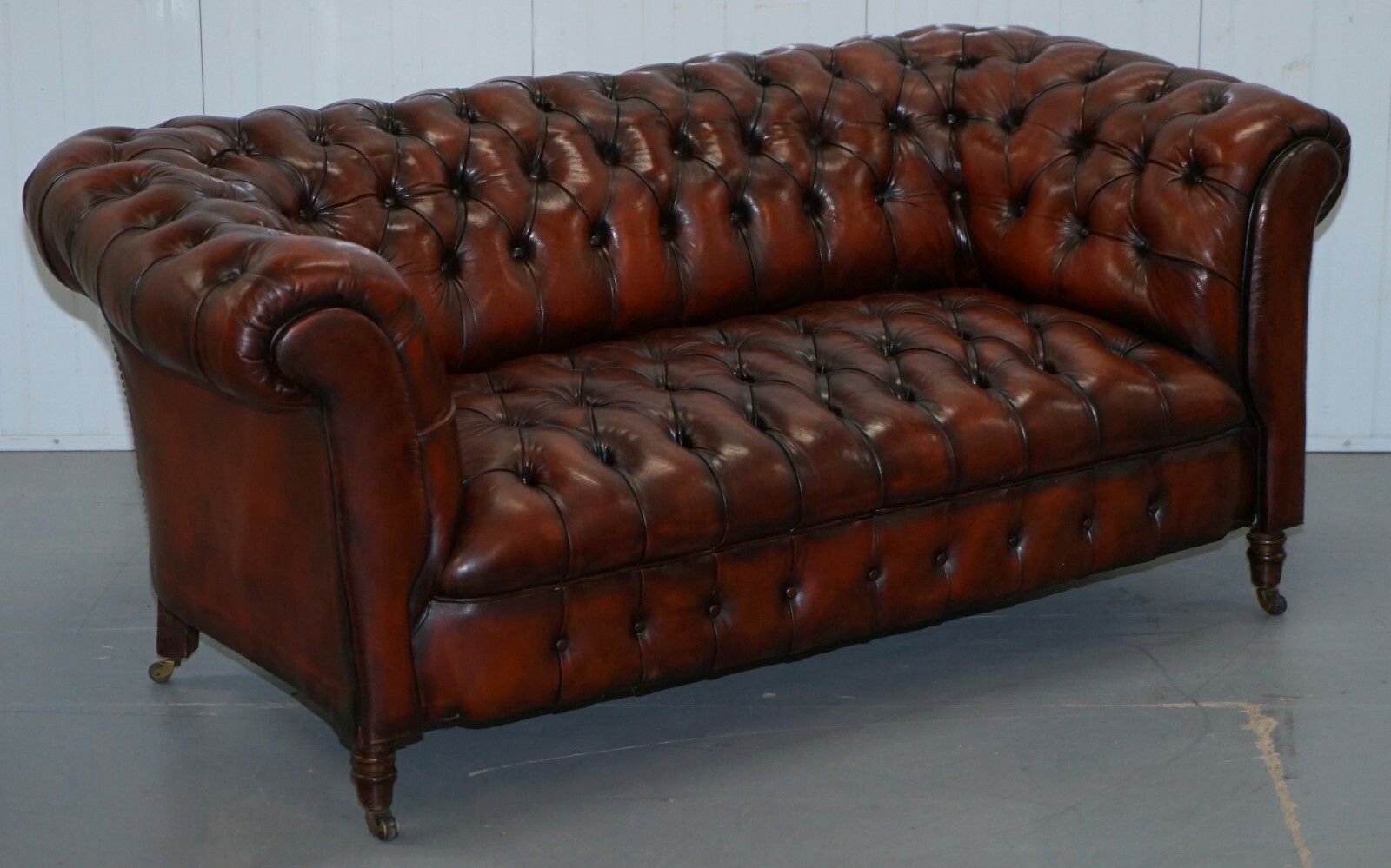 Rare Small 174cm Wide Restored Chesterfield Victorian Whiskey Brown Leather Sofa photo for sale