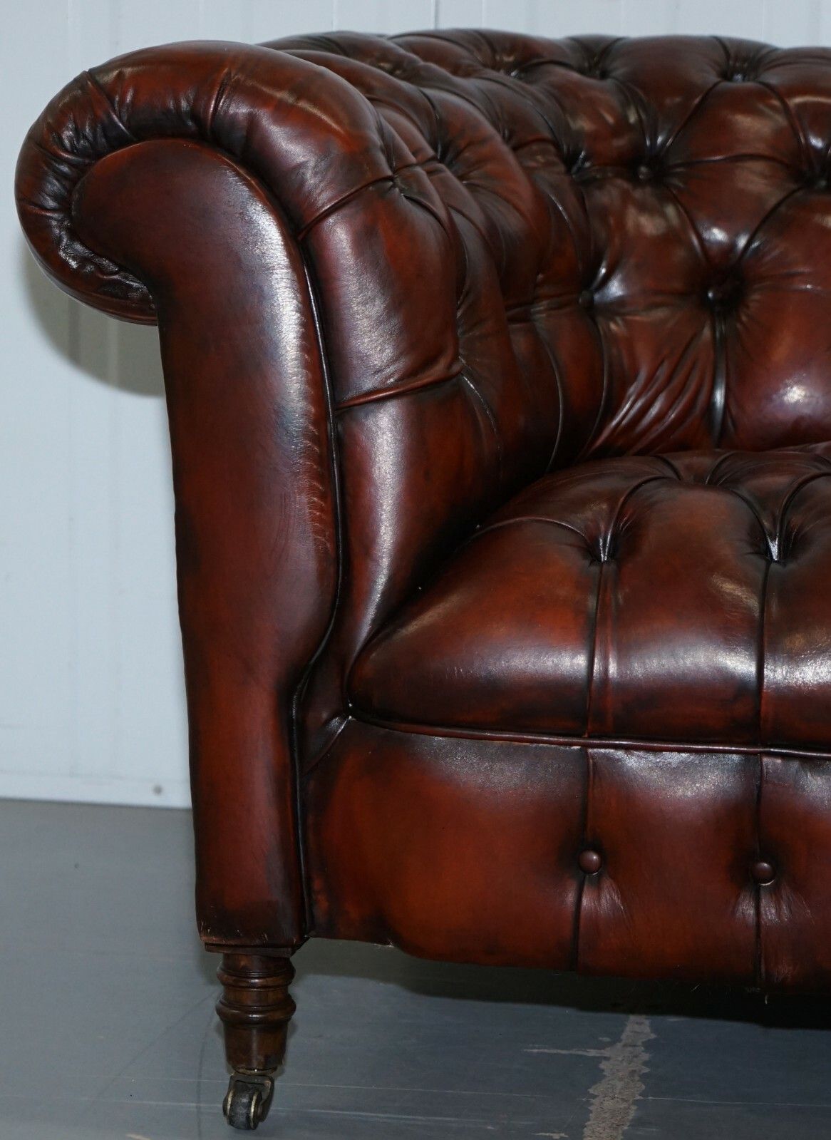 photo for sale Rare Small 174cm Wide Restored Chesterfield Victorian Whiskey Brown Leather Sofa