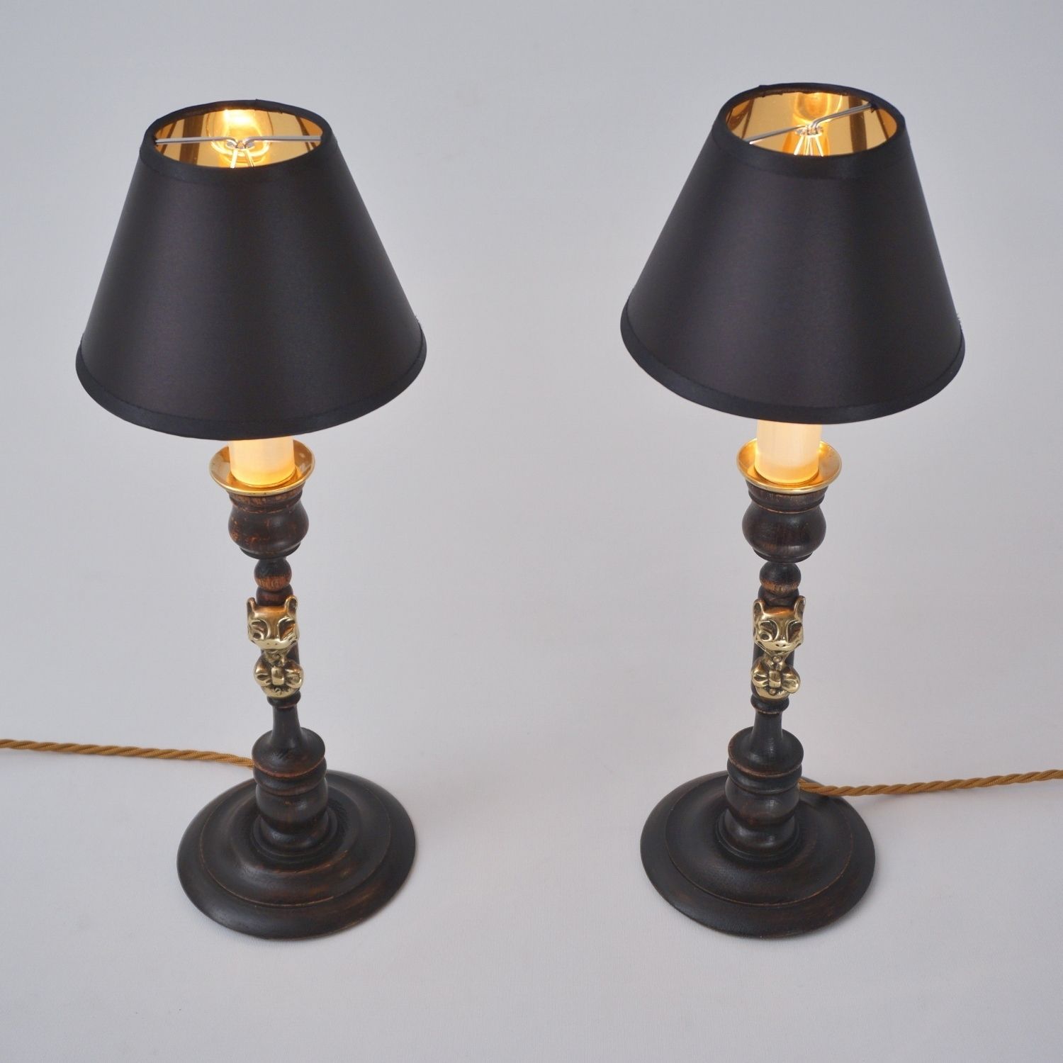 Pair Antique Candlestick Table Lamps, Cheshire Cat, Lewis Carroll Alice In Wonderland, Brass & Oak, 1920`s Ca, English   Rewired photo vintage
