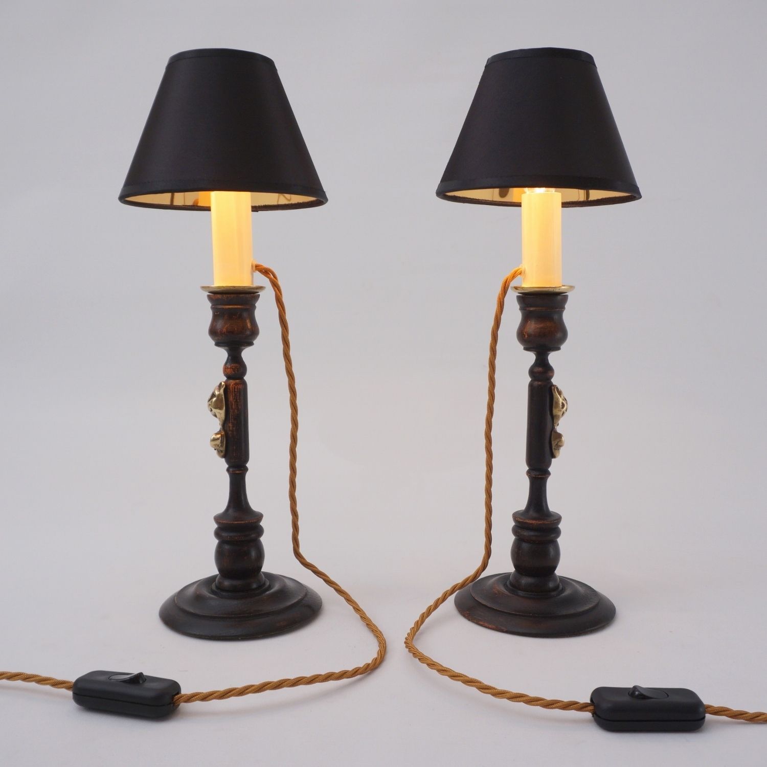 photo buy Pair Antique Candlestick Table Lamps, Cheshire Cat, Lewis Carroll Alice In Wonderland, Brass & Oak, 1920`s Ca, English   Rewired