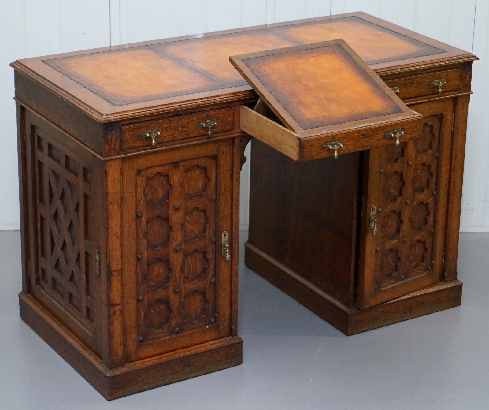 Restored Gothic Revival Desk Side Bookcases Drawer Writing Slope Pugin Gillows photo vintage
