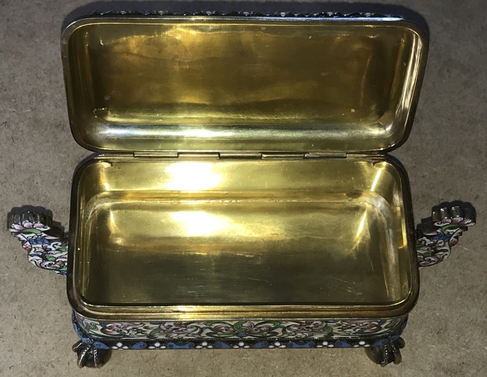 photo for sale Russian Silver Pavel Ovchinnikov & Ivan Khlednikov Gilt Cloisonne Enamel Casket