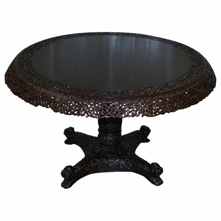 Rare 19th Cenutry Anglo Indian Padauk Table Hand Carved Rosewood Lions & Flowers