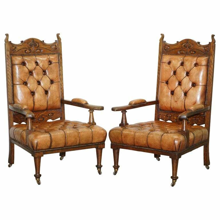 Pair Of Libertys London Style Art Nouveau Chesterfield Brown Leather Armchairs