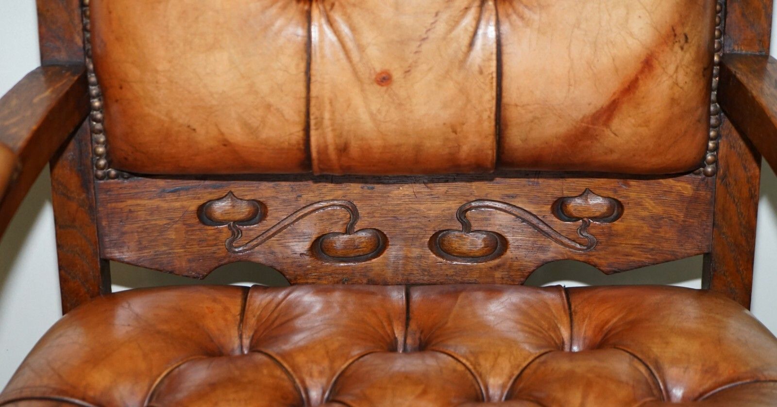 Pair Of Libertys London Style Art Nouveau Chesterfield Brown Leather Armchairs photo 7000.0