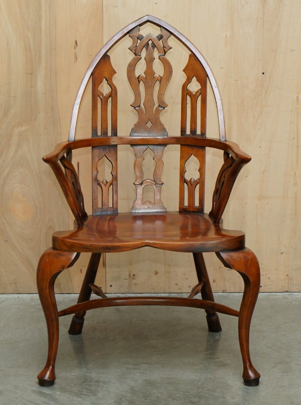 Four Fine Fully Restored Gothic Windsor Steeple Back Burr Yew & Elm Armchairs photo Furniture