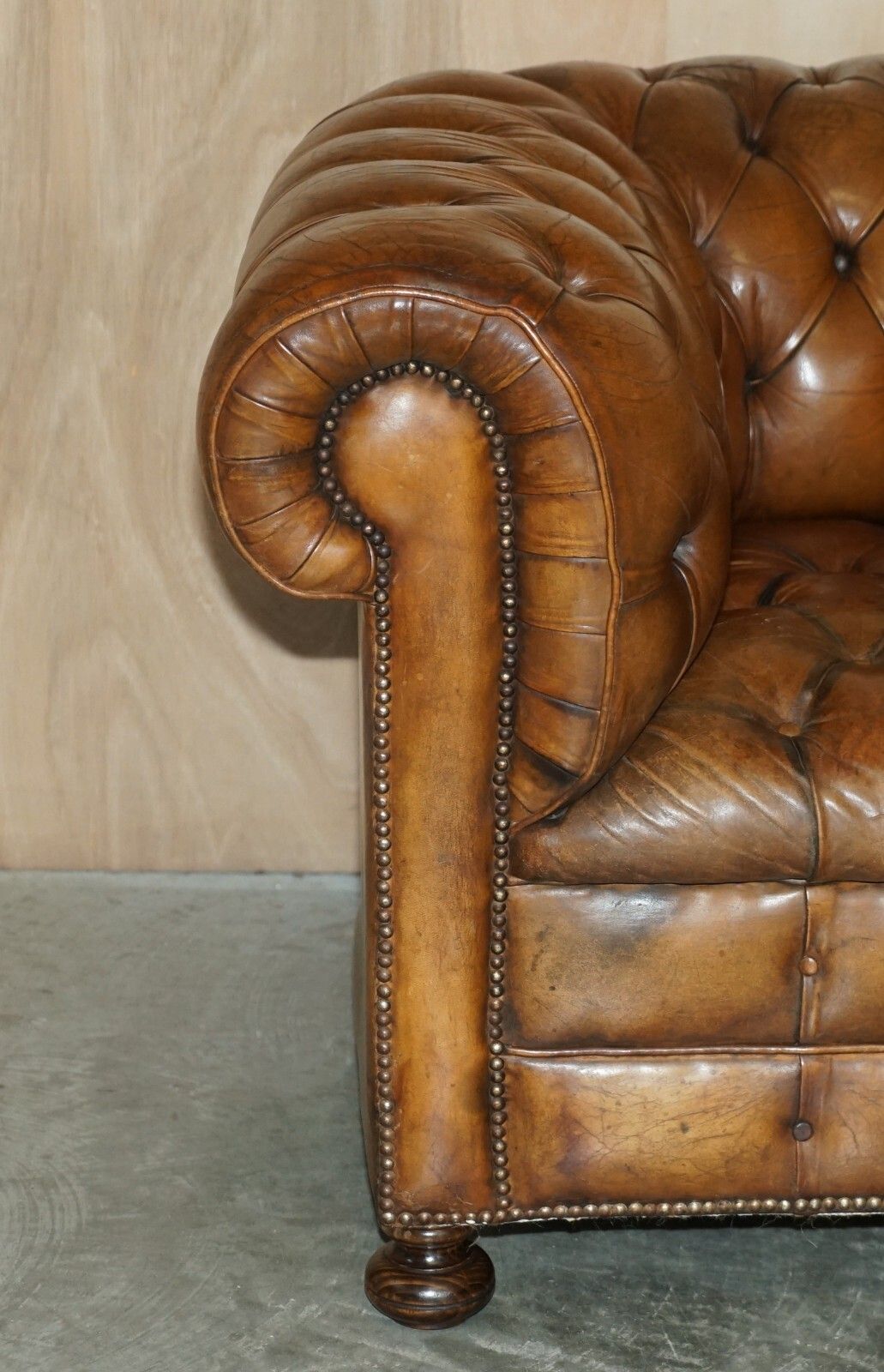 1950's Hand Dyed Restored Cigar Brown Leather Chesterfield Club Sofa English photo 7000.0