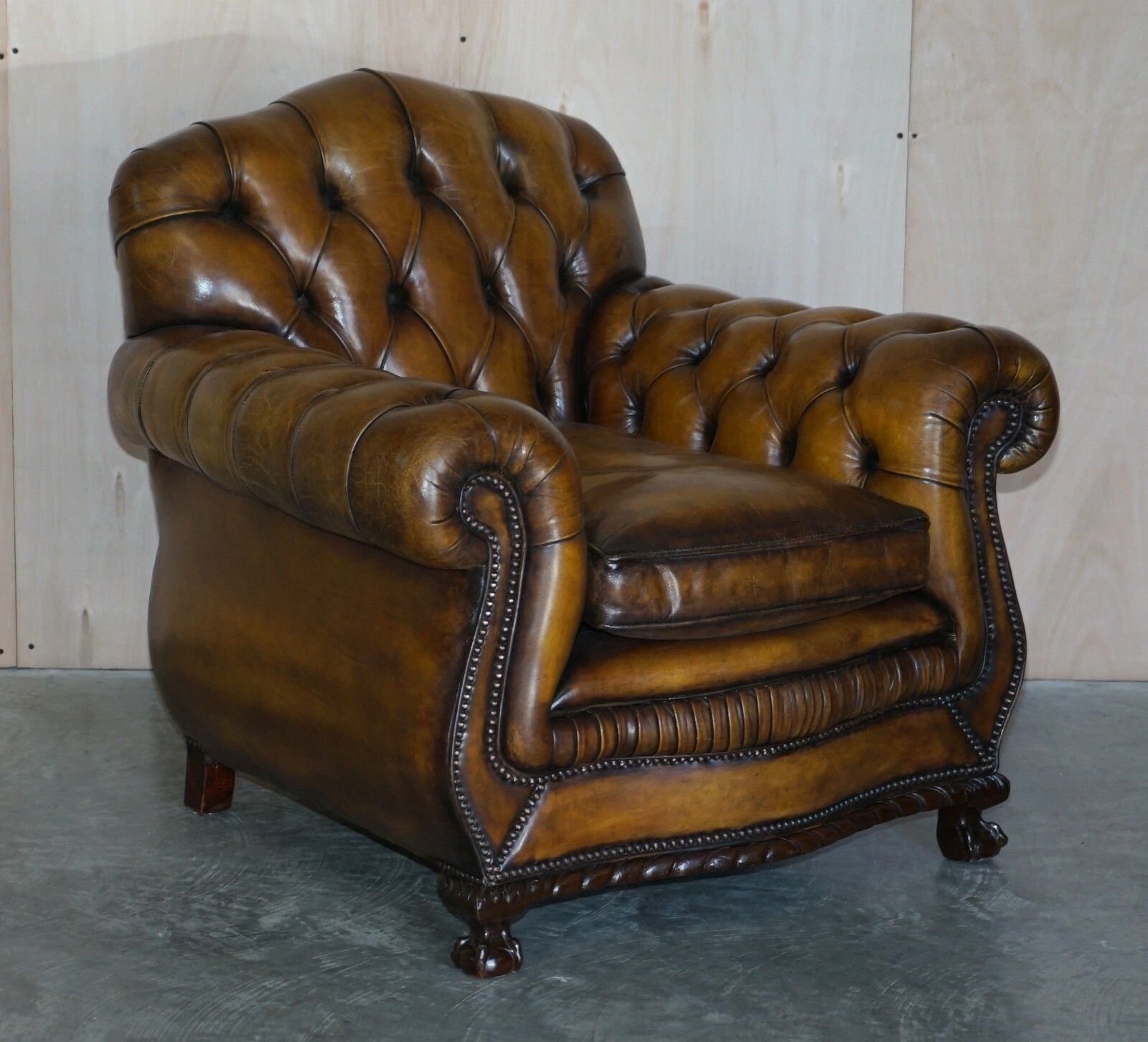 photo for sale Antique Pair Of Thomas Chippendale Style Chesterfield Brown Leather Armchairs