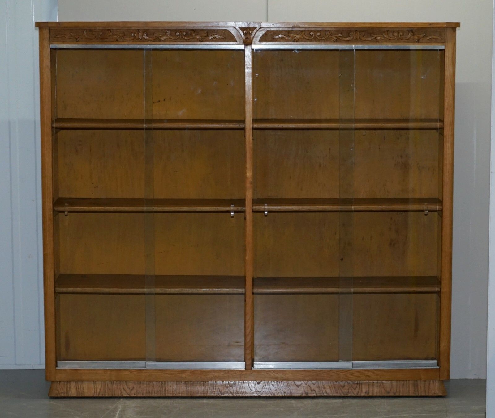 Matching Pair Of 170x187cm English Oak Library Study Bookcases With Glazed Doors photo for sale