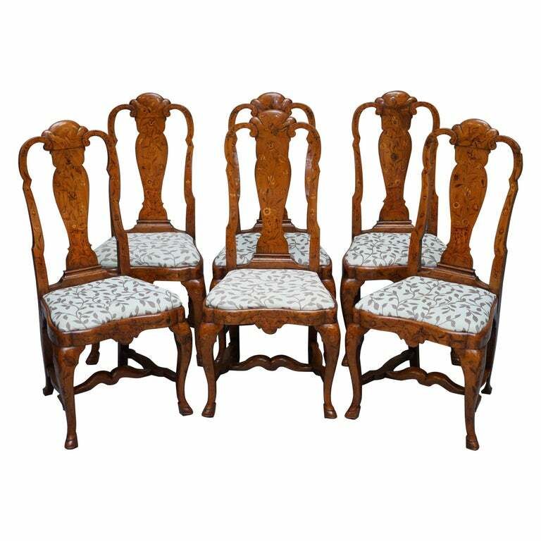 Rare Set Of Six 18th Century Circa 1760 Dutch Elm Marquetry Inlaid Dining Chairs