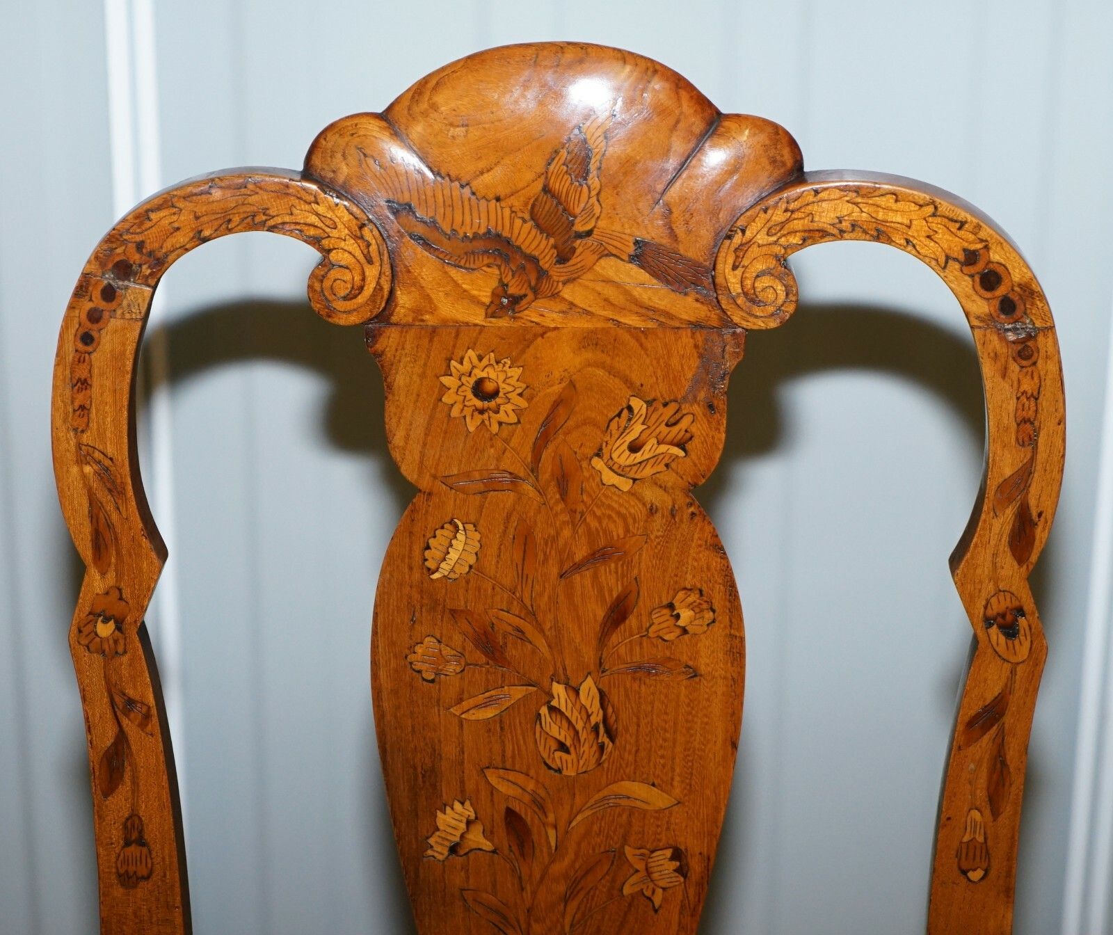 Rare Set Of Six 18th Century Circa 1760 Dutch Elm Marquetry Inlaid Dining Chairs photo 6500.0