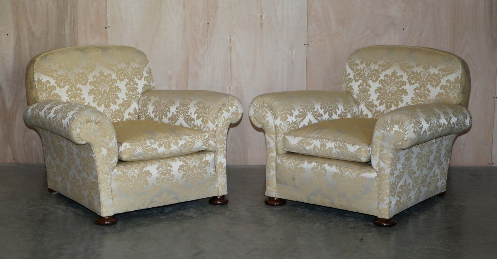 Antique Victorian Sofa & Armchair Club Suite Damask Upholstery Turned Bun Feet photo furniture