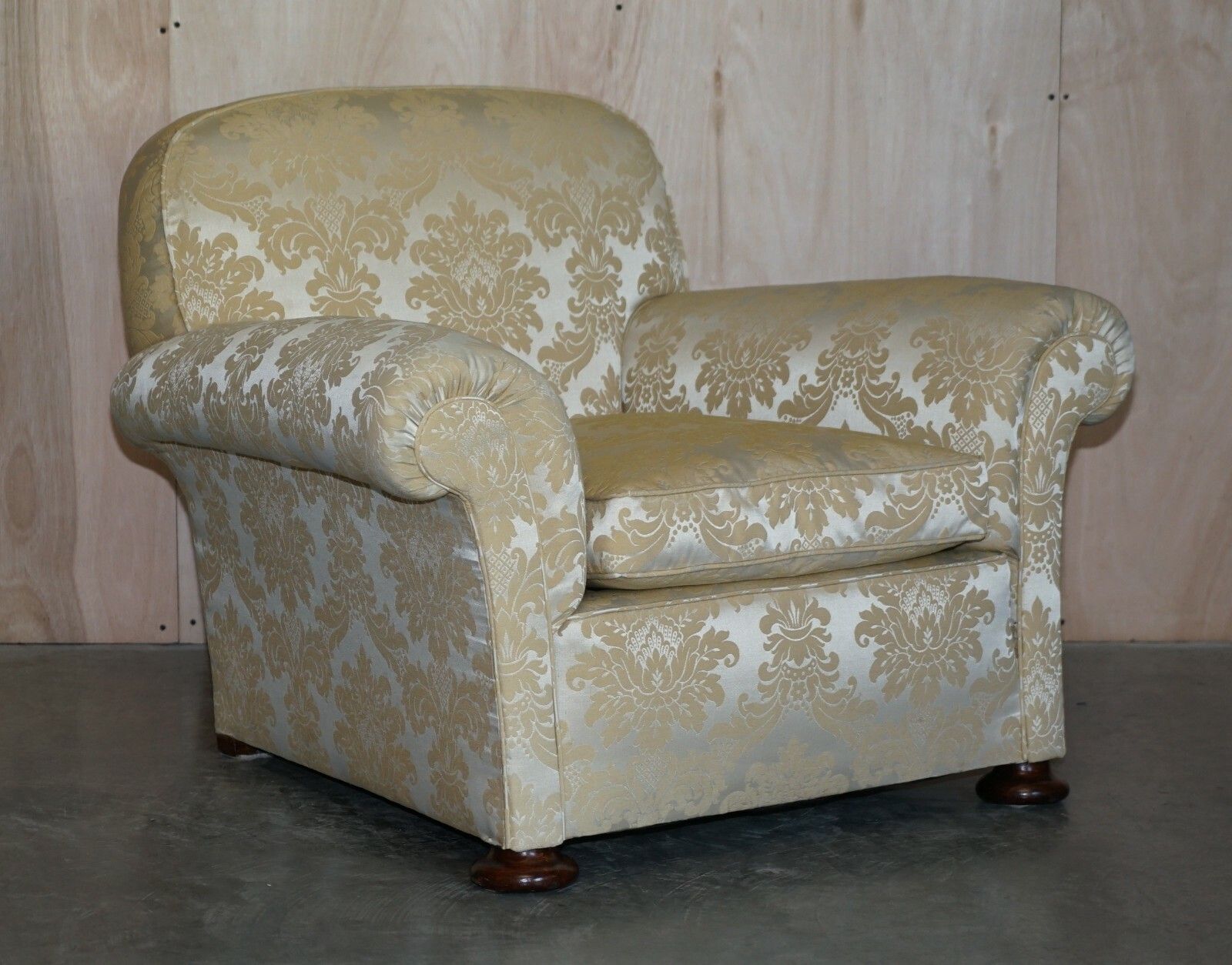 Antique Victorian Sofa & Armchair Club Suite Damask Upholstery Turned Bun Feet photo for sale