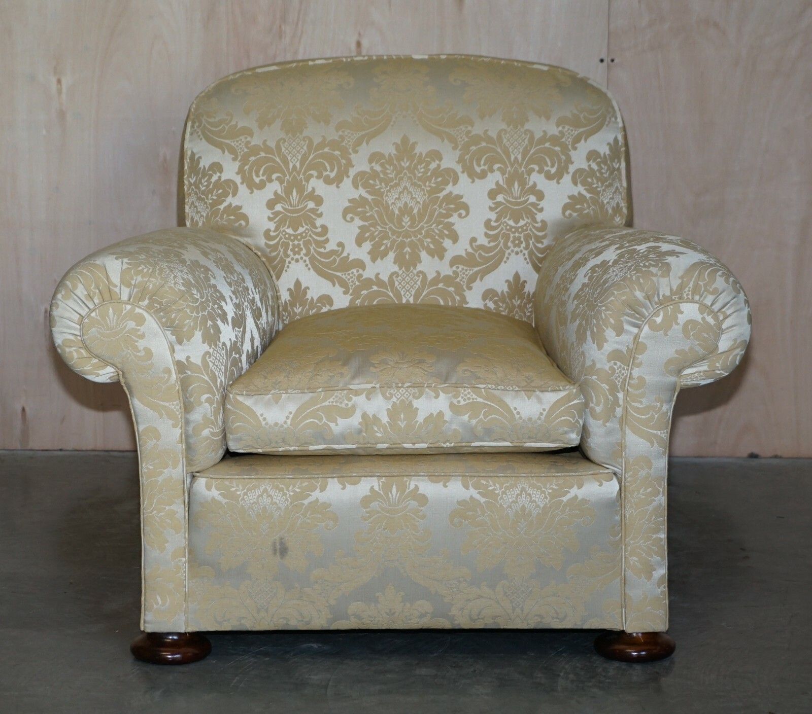 Antique Victorian Sofa & Armchair Club Suite Damask Upholstery Turned Bun Feet photo vintage