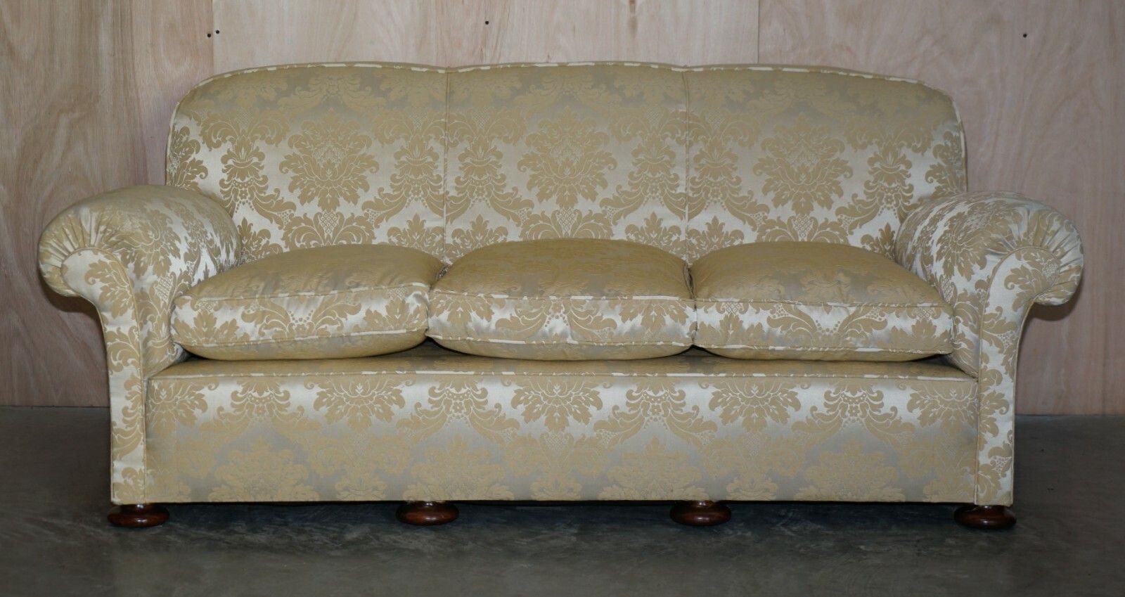 photo for sale Antique Victorian Sofa & Armchair Club Suite Damask Upholstery Turned Bun Feet