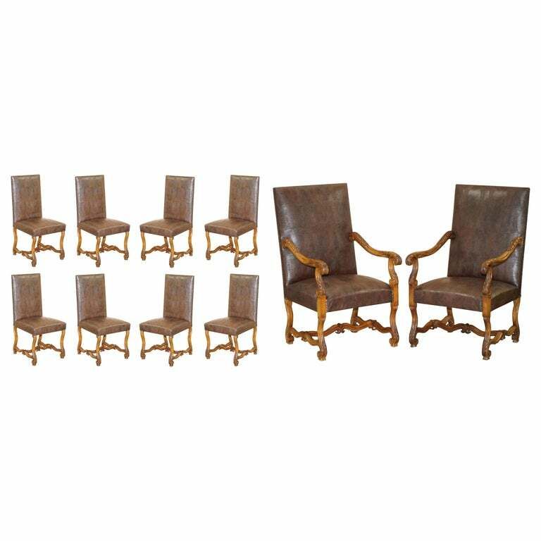 Suite Of 10 Carolean Dining Chairs With Crocodile Alligator Patina Leather Ten
