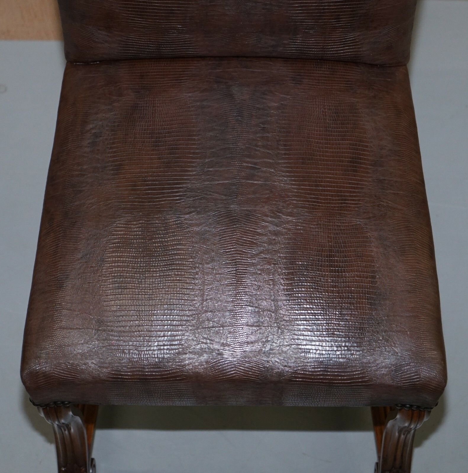Suite Of 10 Carolean Dining Chairs With Crocodile Alligator Patina Leather Ten photo Furniture
