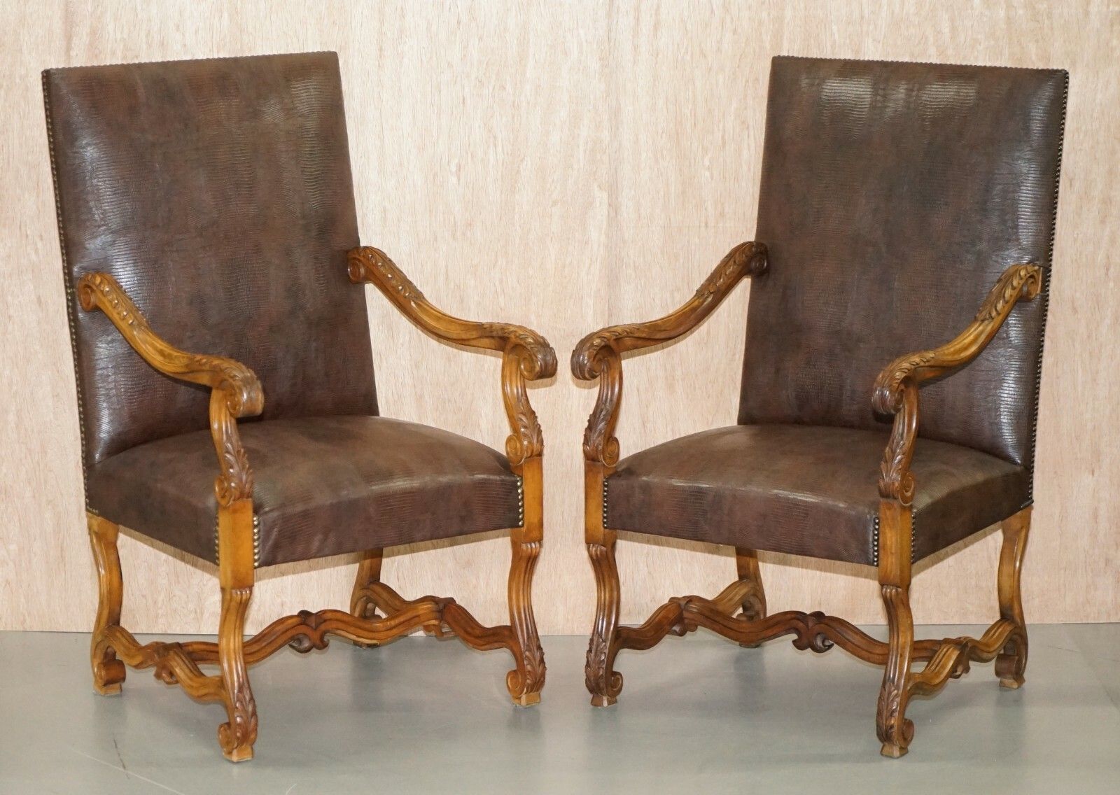 Suite Of 10 Carolean Dining Chairs With Crocodile Alligator Patina Leather Ten photo vintage