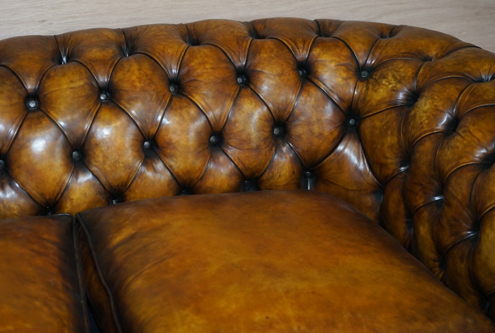 Restored Rich Cigar Brown Leather Chesterfield Club Sofa Feather Filled Cushions photo 6000.0