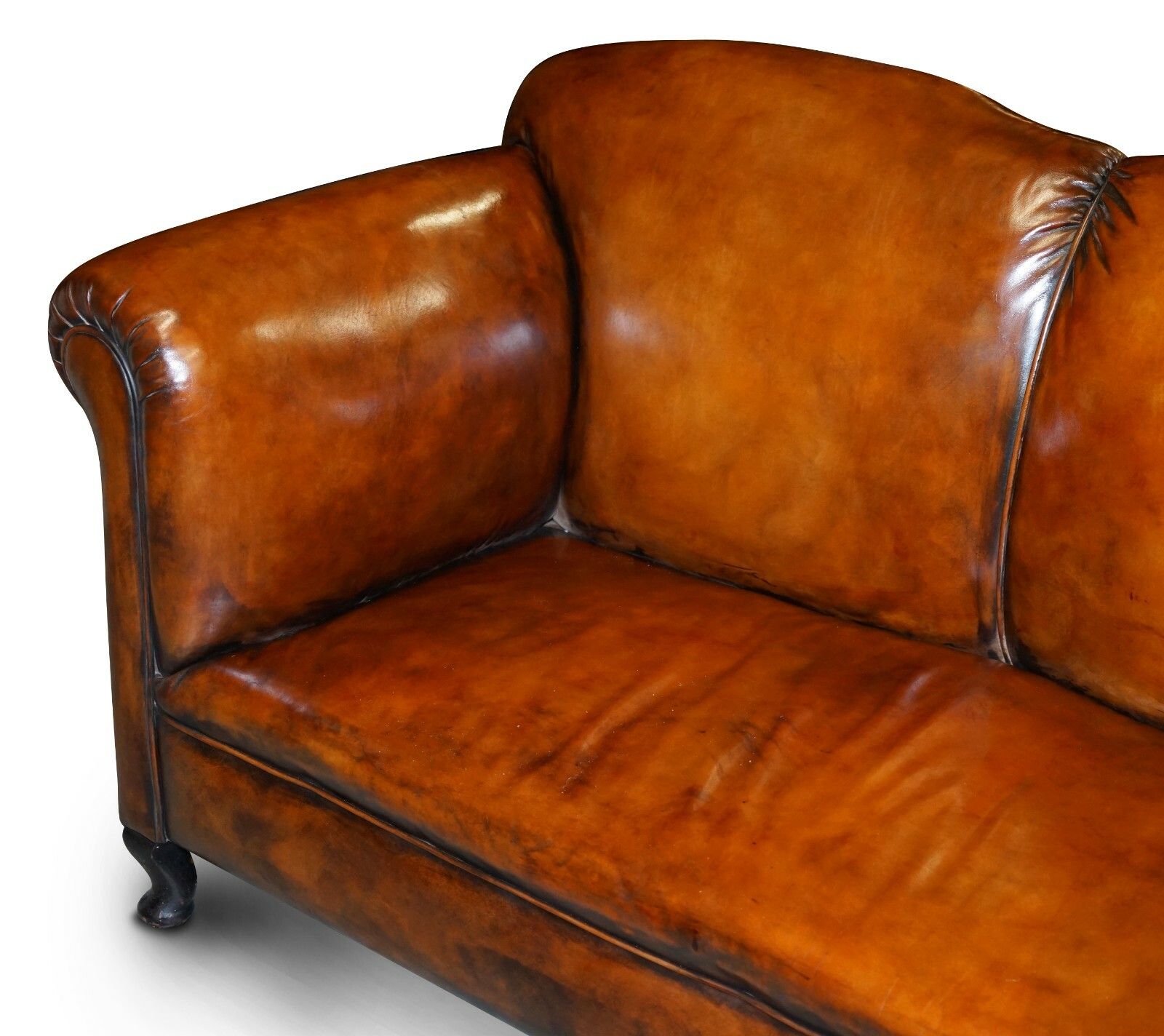 Fully Restored Whisky Brown Leather Drop Arm Chaise Lounge Sofa Horse Hair Fill photo for sale