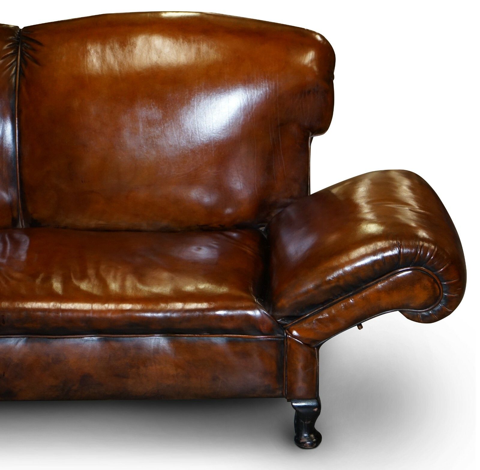 Furniture Fully Restored Whisky Brown Leather Drop Arm Chaise Lounge Sofa Horse Hair Fill photo