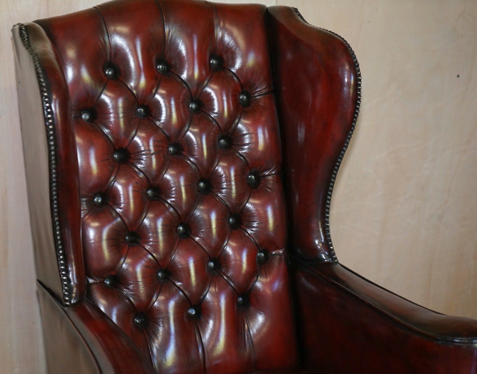 Pair Of William Morris Flat Arm Chesterfield Wingback Bordeaux Leather Armchairs photo Furniture