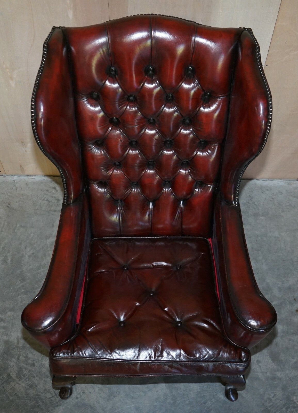 Pair Of William Morris Flat Arm Chesterfield Wingback Bordeaux Leather Armchairs photo 6000.0