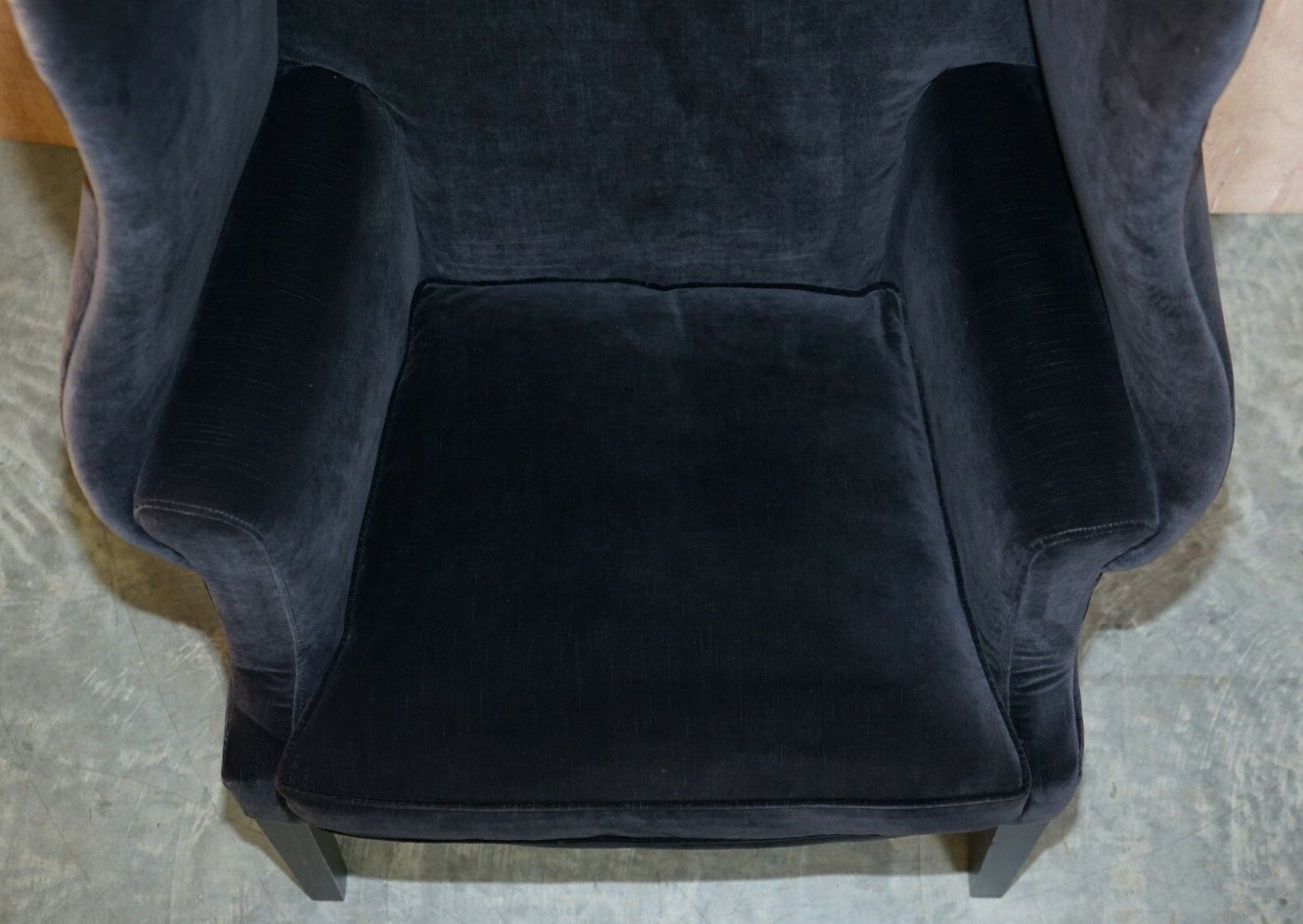 Pair Of Vintage Black Velvet Upholstered George Hepplewhite Wingback Armchairs photo vinterior