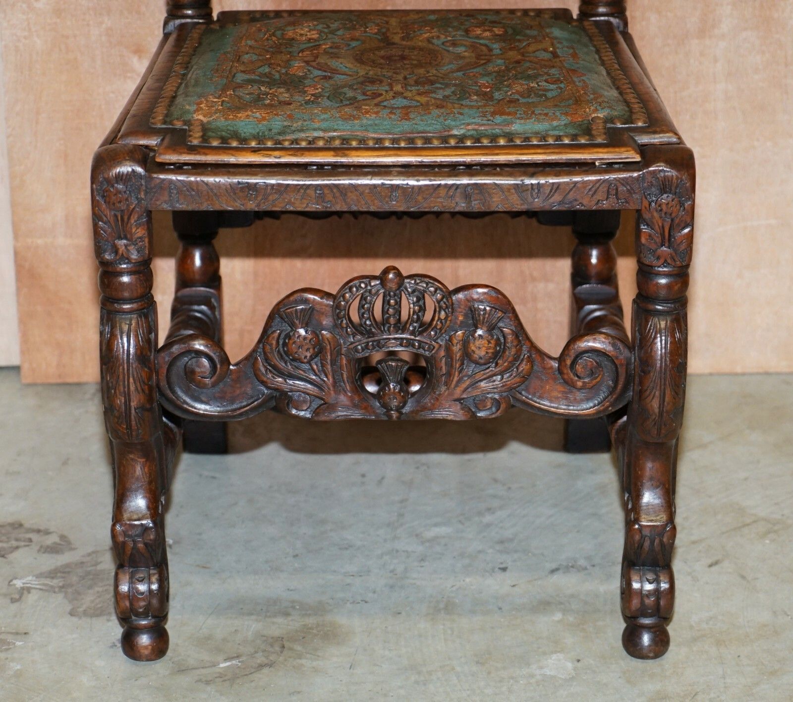 Eight Carved Jacobean Throne Dining Chairs Hand Painted & Embossed Leather Seats photo Furniture