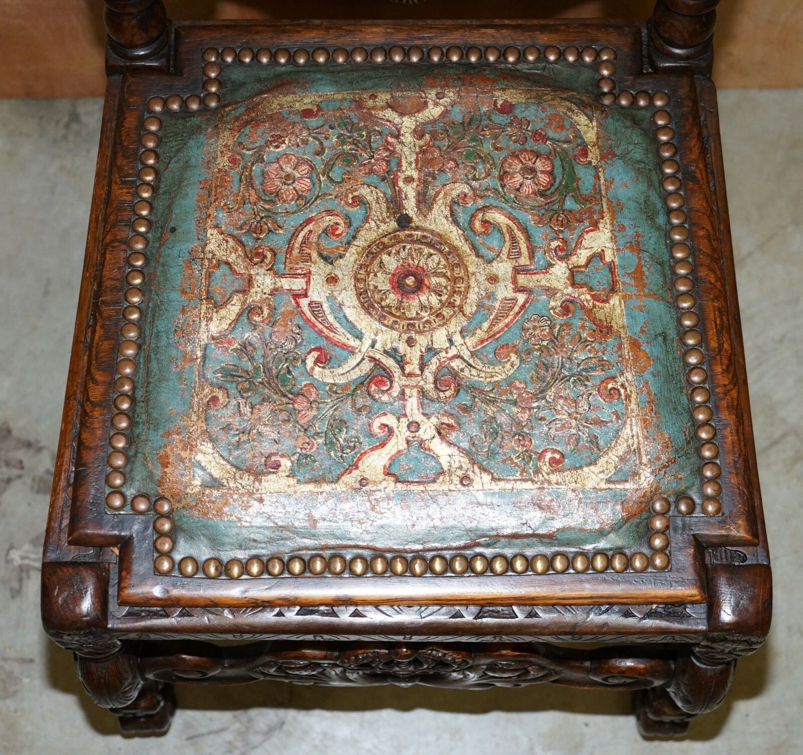 Eight Carved Jacobean Throne Dining Chairs Hand Painted & Embossed Leather Seats photo 6000.0