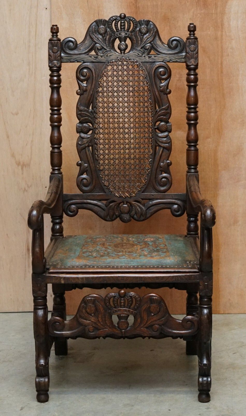 Furniture Eight Carved Jacobean Throne Dining Chairs Hand Painted & Embossed Leather Seats photo