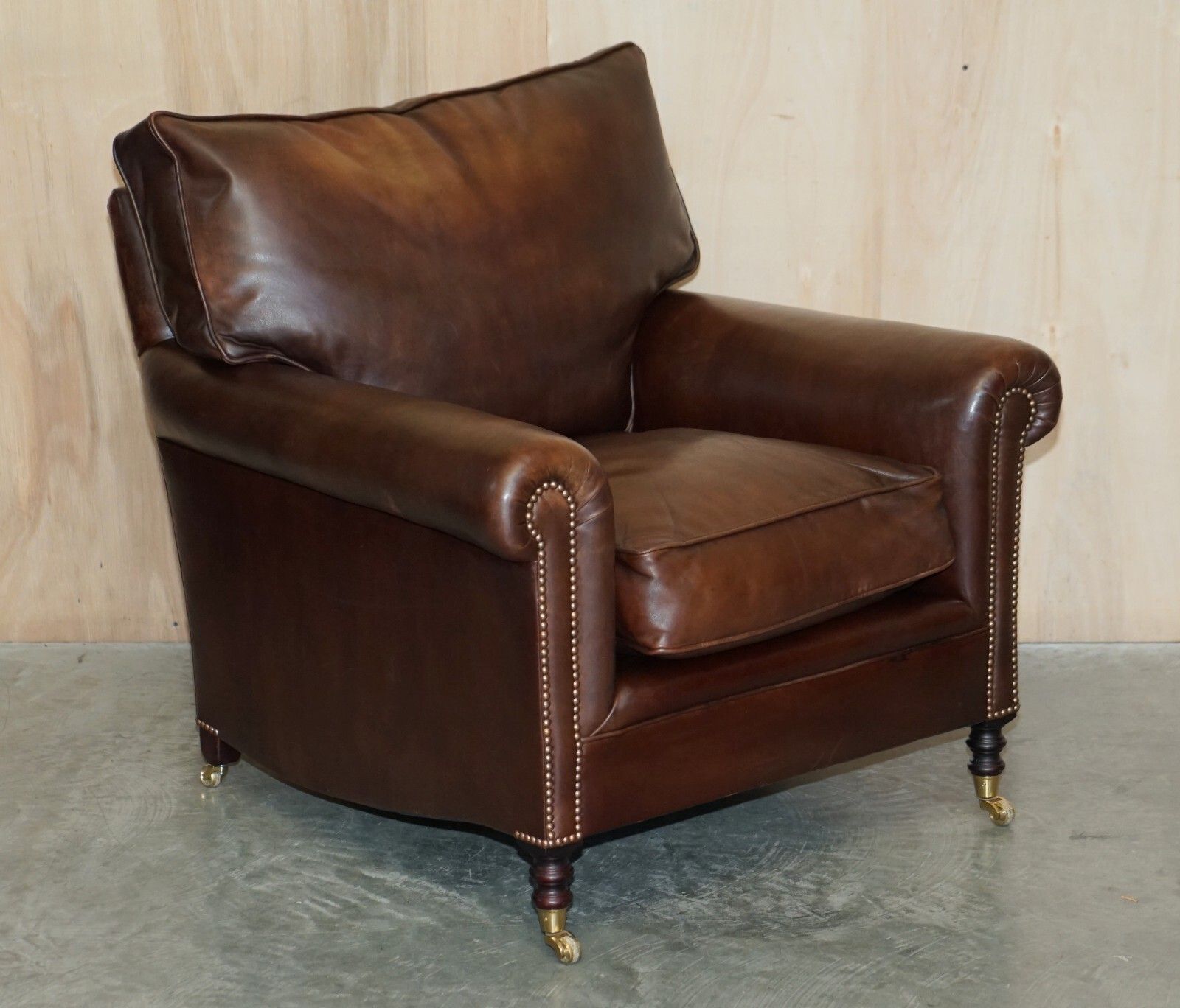 George Smith Chelsea Signature Full Scroll Arm Brown Leather Armchair & Ottoman photo furniture
