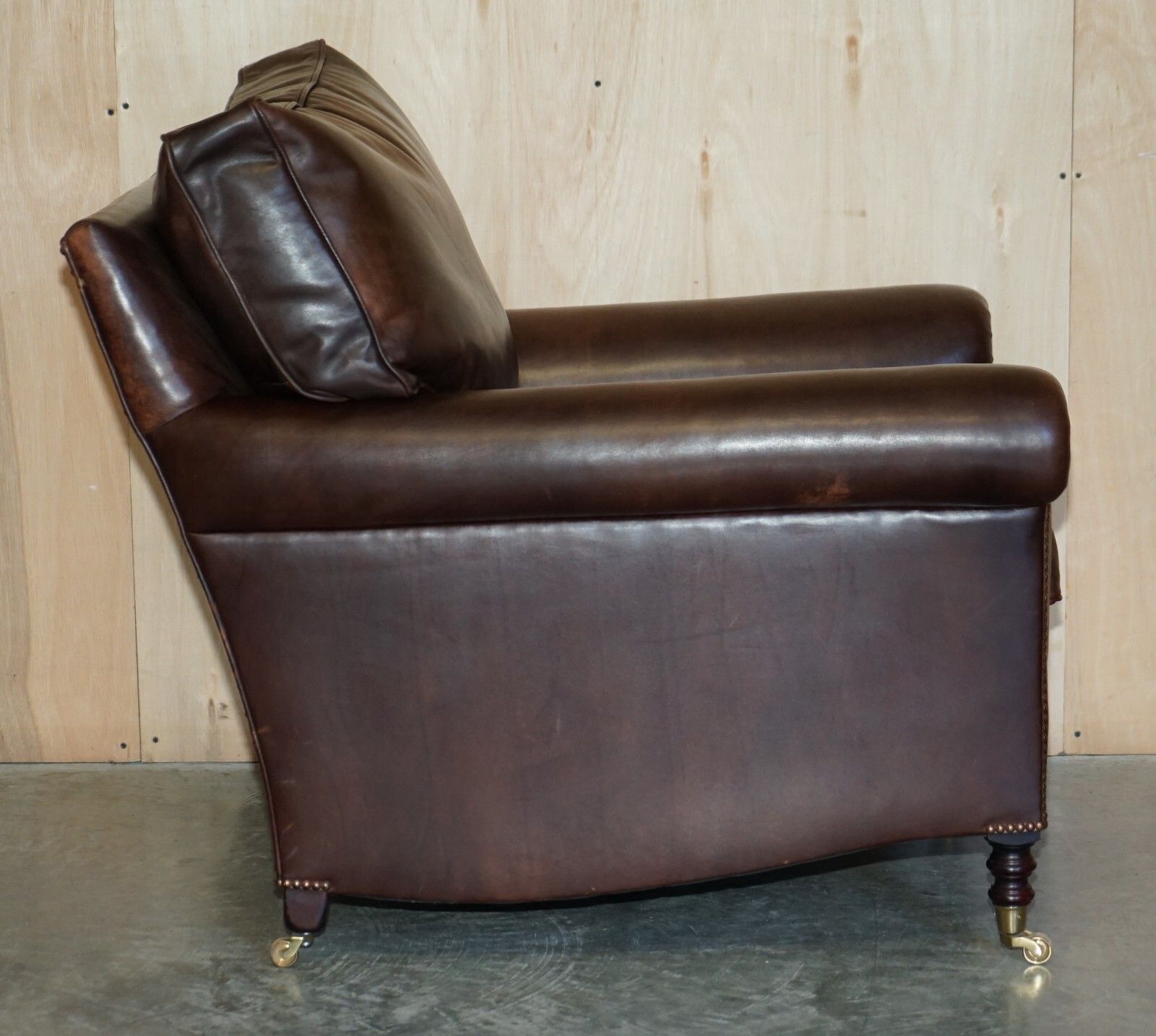 George Smith Chelsea Signature Full Scroll Arm Brown Leather Armchair & Ottoman photo vintage