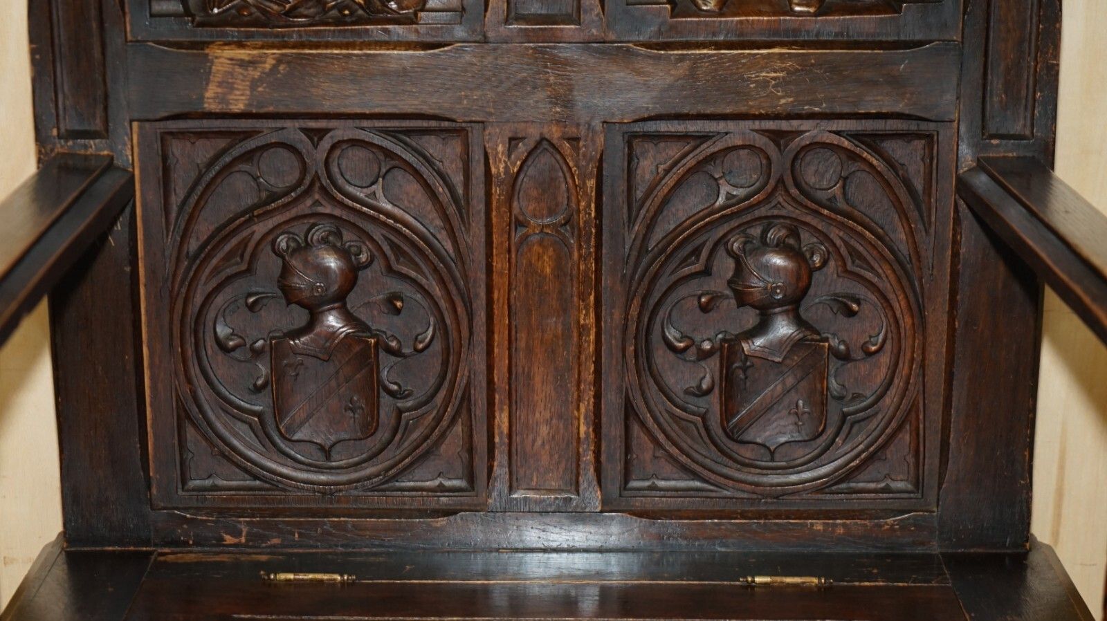 photo for sale Fine Antique Circa 1860 Jacobean Gothic Revival Hand Carved Porters Hall Chair