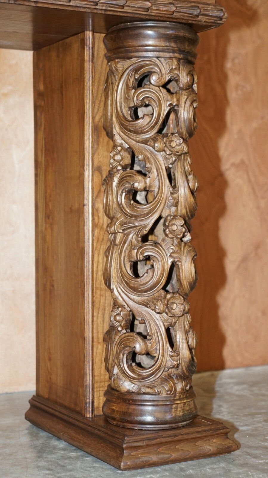 photo furniture Antique Circa 1880 Hand Carved Solid Elm Fireplace Mantlepiece Fretwork Columns