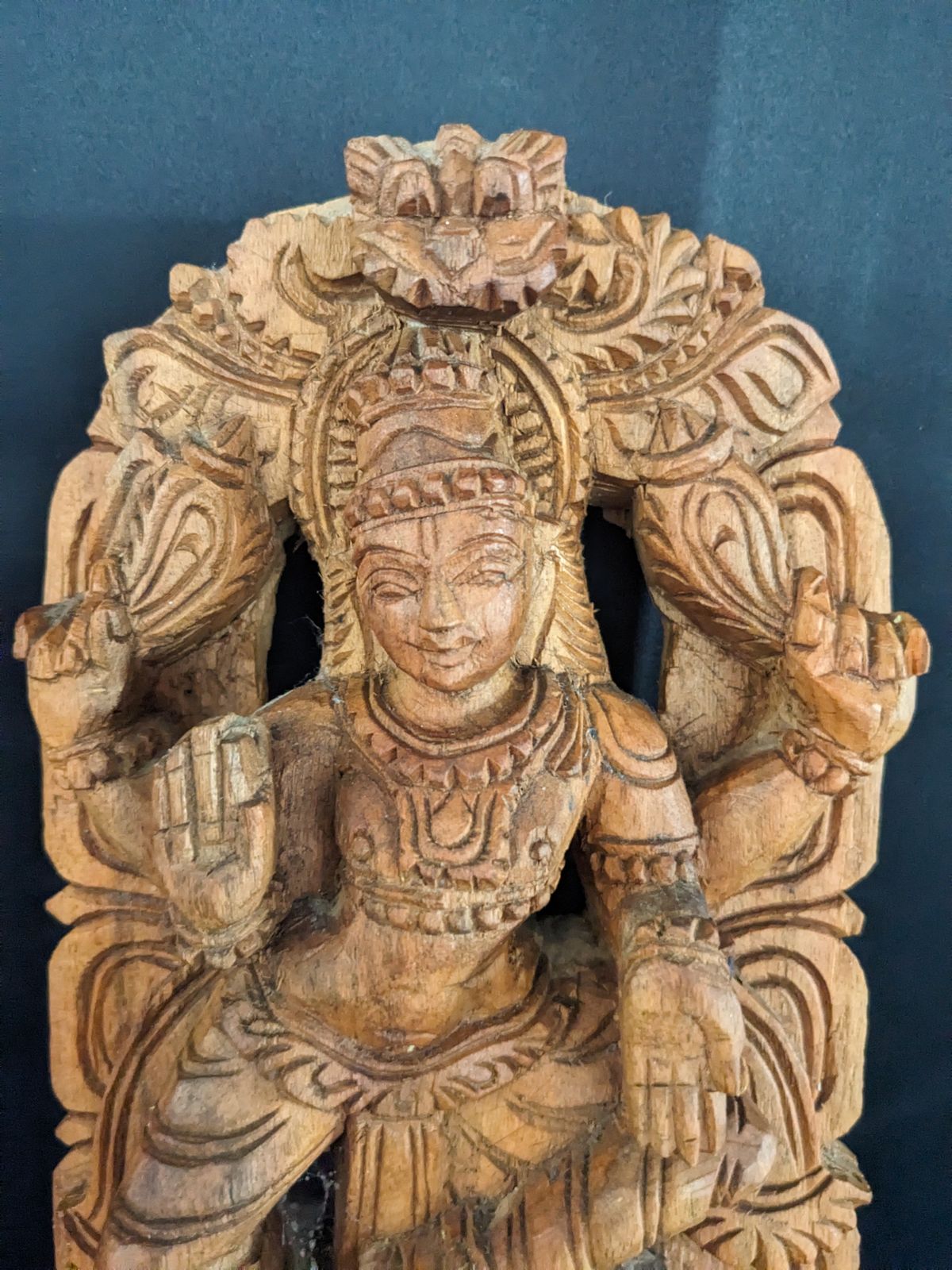 Hand Carved Wooden Lakshmi Statue Indian Hindu Goddess photo for sale