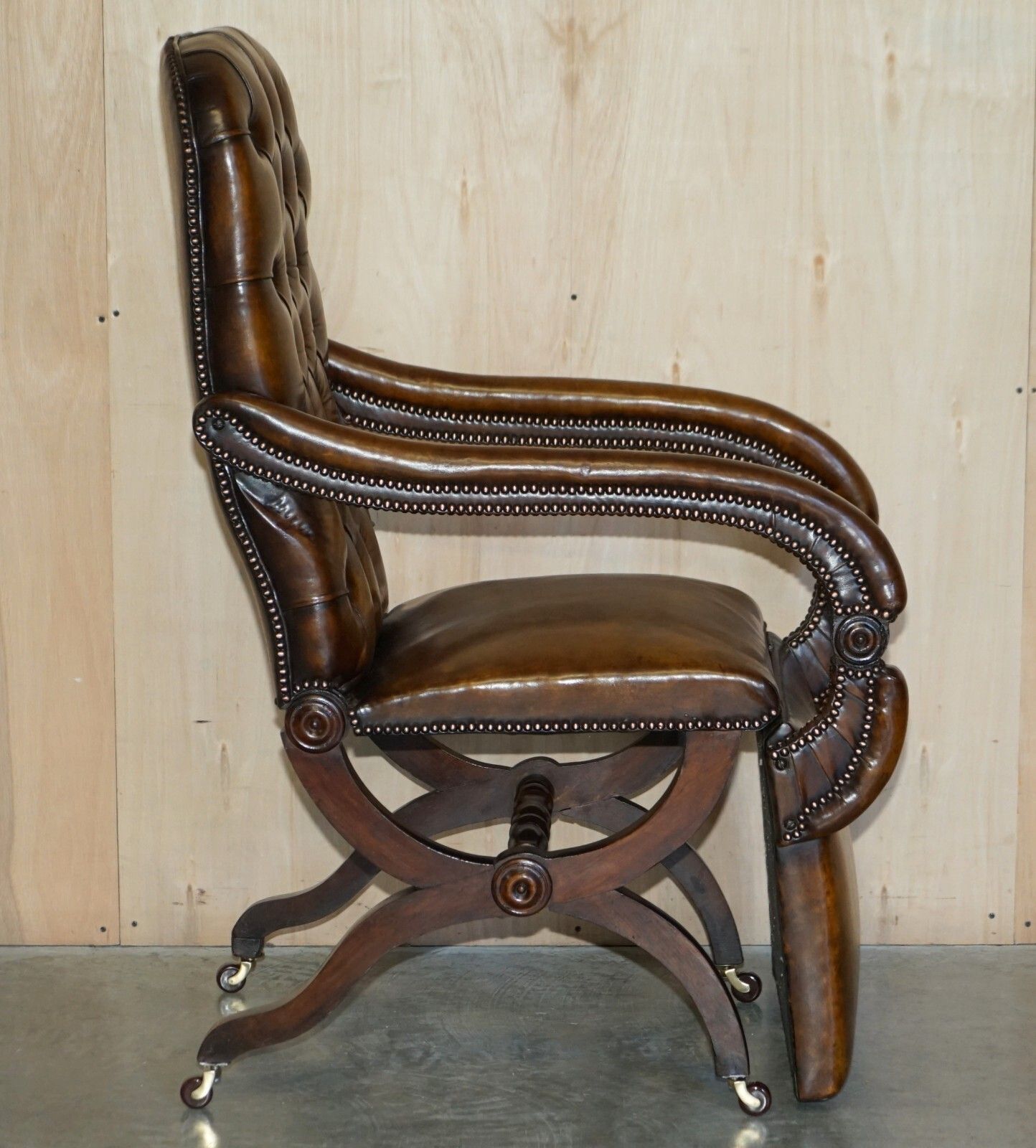 photo for sale Rare Original Regency X Framed Reclining Brown Leather Chesterfield Armchair
