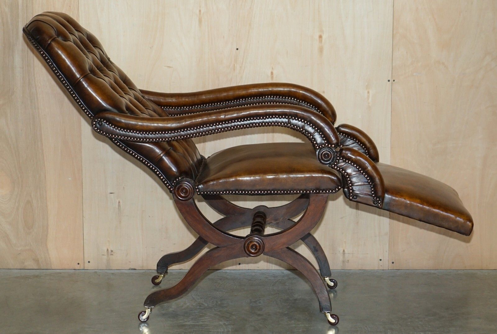 5750.0 Rare Original Regency X Framed Reclining Brown Leather Chesterfield Armchair photo