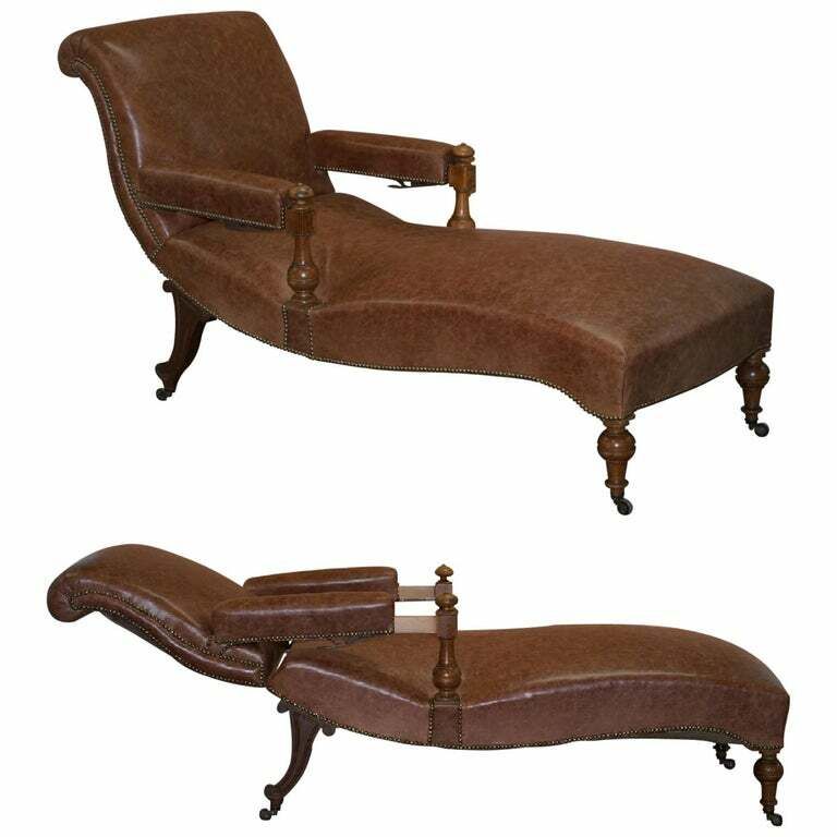 Fully Restored Recliner Chaise Lounge Cir 1860 Victorian Brown Leather Armchair